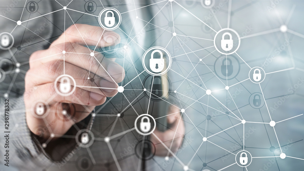 Cyber security, information privacy, data protection concept on modern server room background. Internet and digital technology concept.