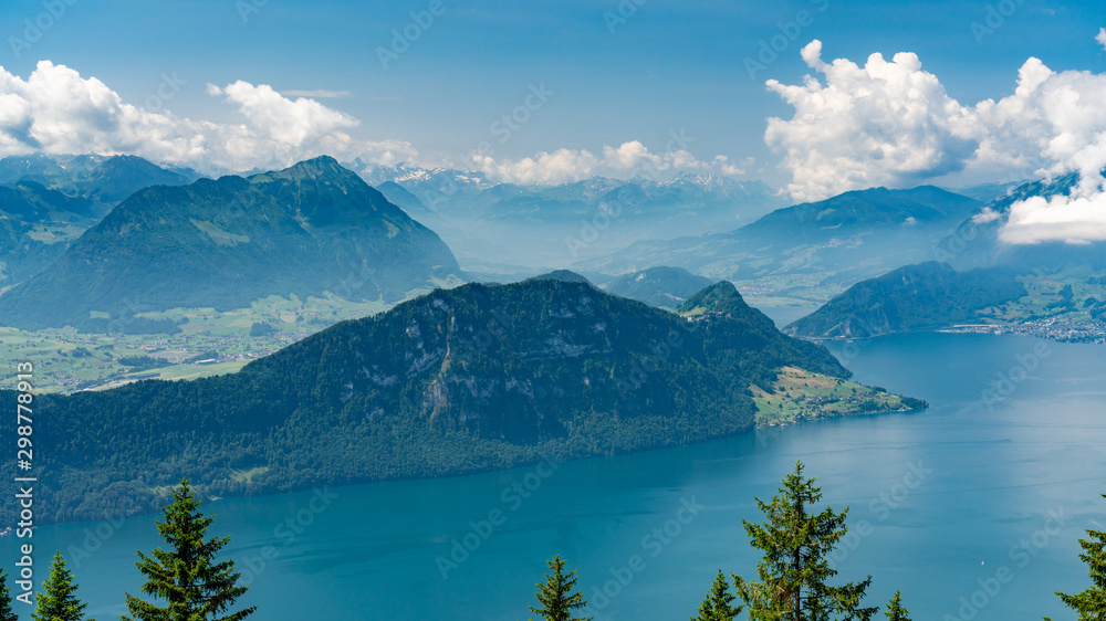 Switzerland, Panoramic view on green Alps around Burgenstock and lake Lucerne