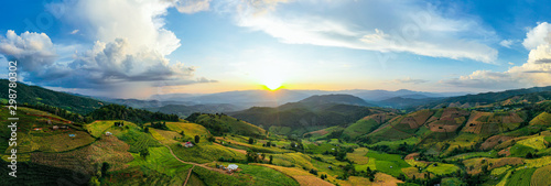Panorama Aerial View sunlight at twilight of Pa Bong Piang terraced rice fields, Mae Chaem, Chiang Mai Thailand photo