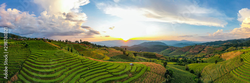 Panorama Aerial view Sunset scene of Pa Bong Piang terraced rice fields  Mae Chaem  Chiang Mai Thailand