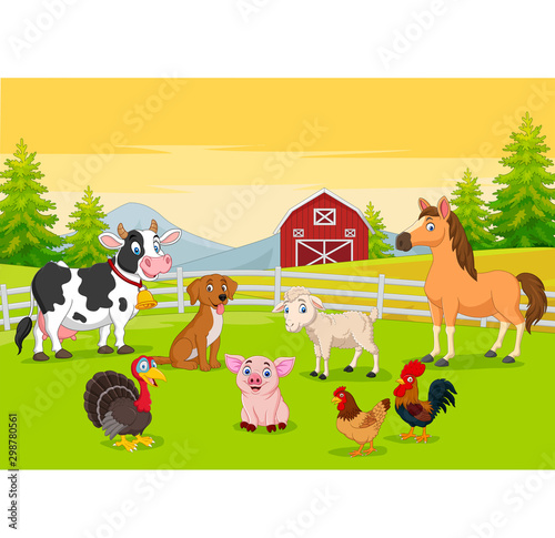 Cartoon farm animals in the farming background