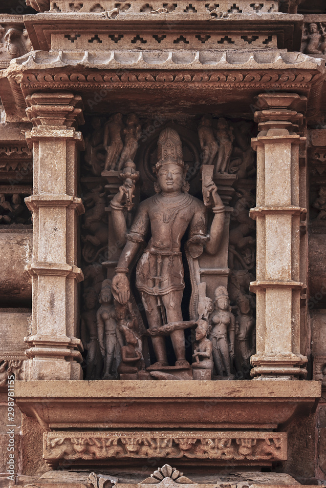 Lord Brahma on the wall of Hindu temple in western group of temple Khajuraho, India
