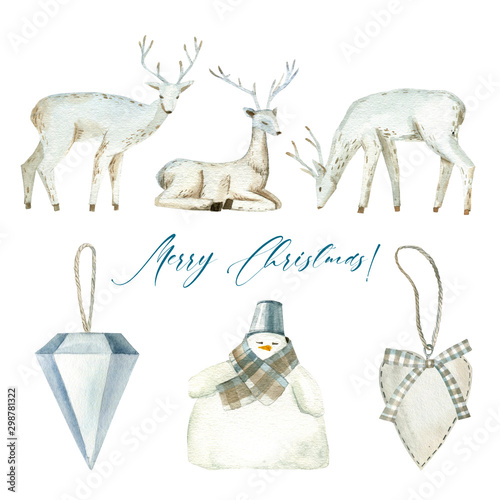 Deer Scandinavian style  watercolor botanical illustration  hand-drawn. Set of elements isolated on white background. For your projects  invitations  cards  patterns  banners  posters and more.