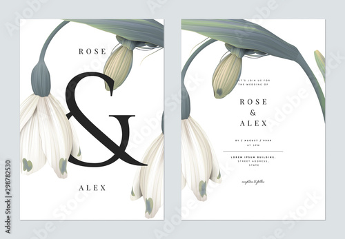 Minimalist floral wedding invitation card template design, snowdrop flowers with ampersand lettering on white