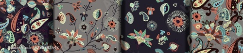 Set of seamless floral patterns. A modern version of the traditional paisley pattern.