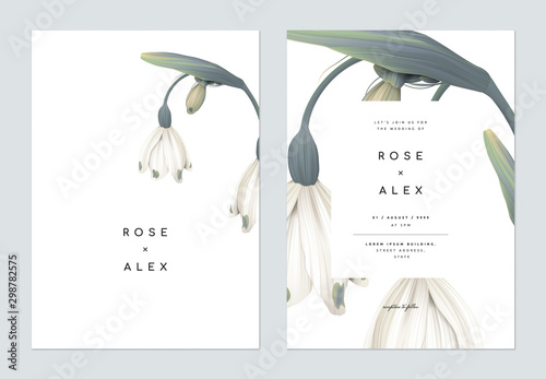 Minimalist floral wedding invitation card template design, snowdrop flowers on white