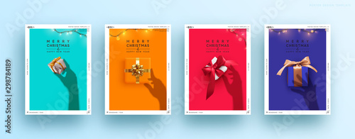 Set Christmas and New Year covers, posters greeting card. Holiday Xmas background with presents, sparkle garland. Female Silhouette shadow from the hands holds. Creative holiday banner with gift box