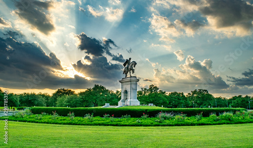Statue and Garden in Houston at Sunset - Houston, Texas, USA photo