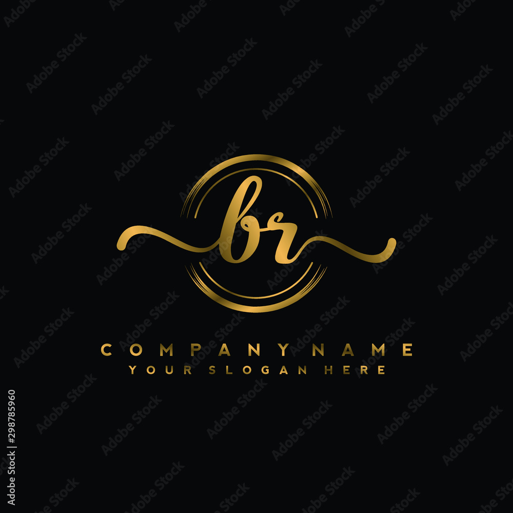 BR Initial handwriting logo design with golden brush circle. Logo for fashion,photography, wedding, beauty, business BR Initial handwriting logo design with golden brush circle. Logo for fashion,photography, wedding, beauty, business
