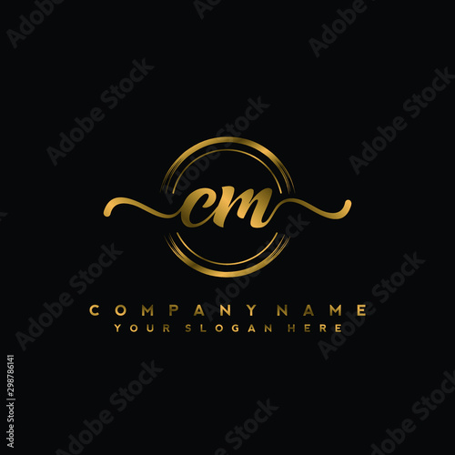 CM Initial handwriting logo design with golden brush circle. Logo for fashion,photography, wedding, beauty, business