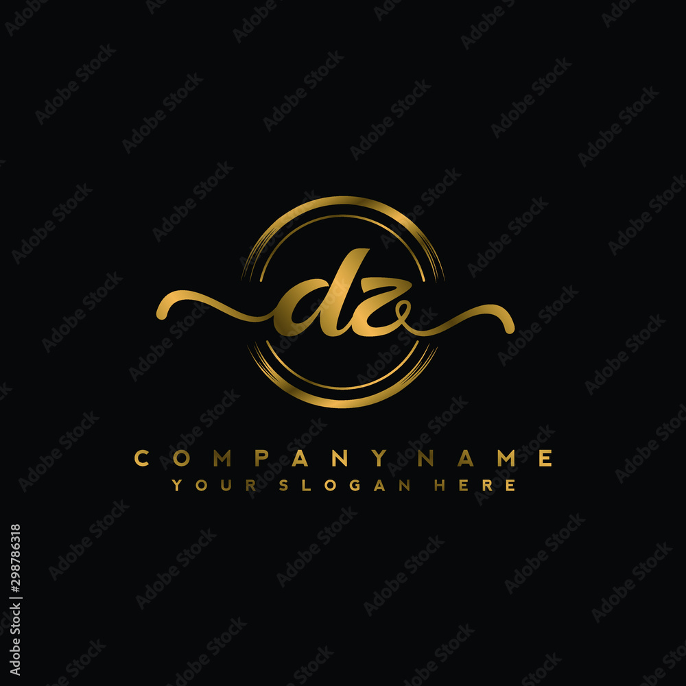 DZ Initial handwriting logo design with golden brush circle. Logo for fashion,photography, wedding, beauty, business