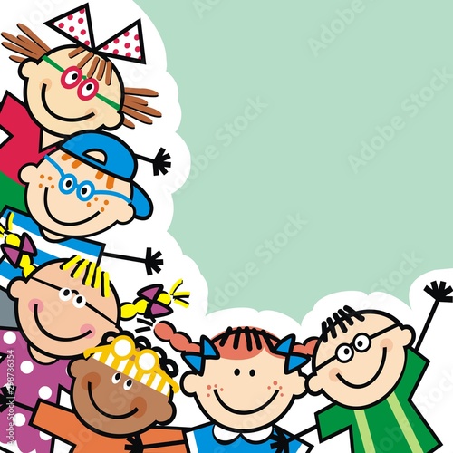 Happy kids with glasses, banner, funny vector illustration on green shadow background. Group of little girls and boys with white contour.