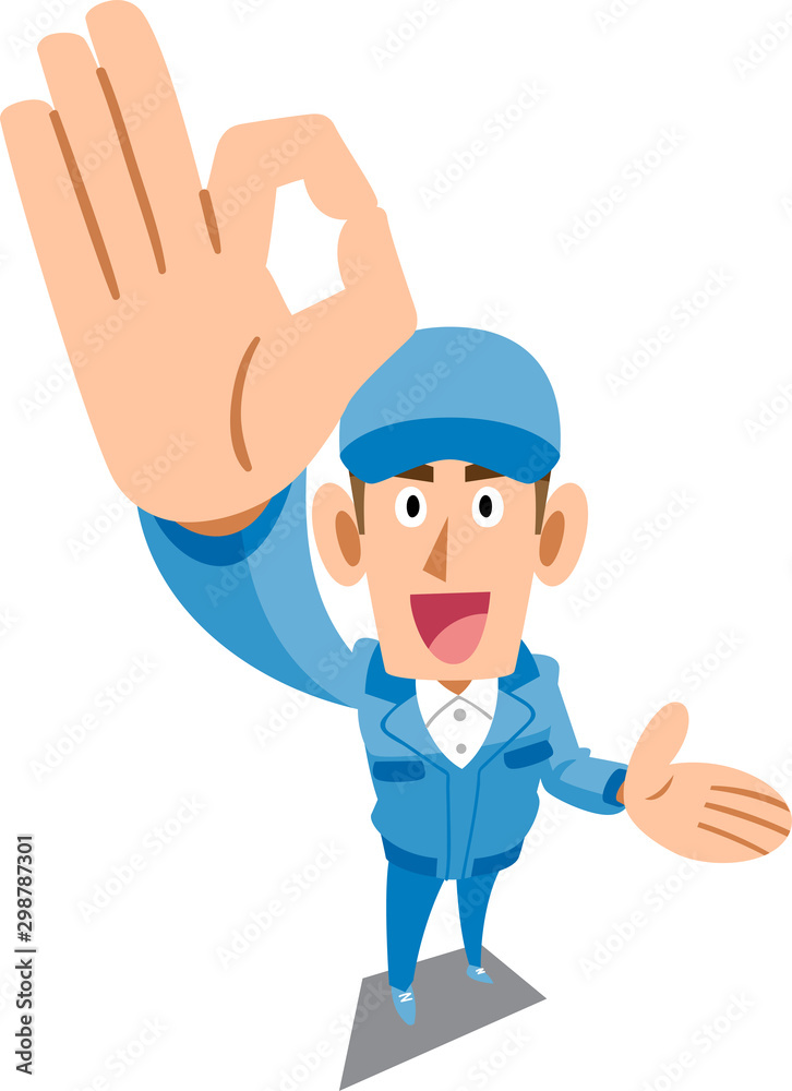 手でOKのサインを示し案内する青い作業服の男性
