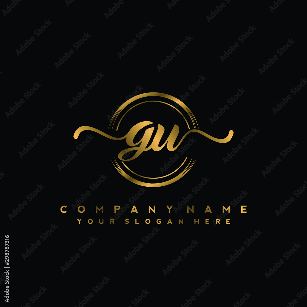GU Initial handwriting logo design with golden brush circle. Logo for fashion,photography, wedding, beauty, business GU Initial handwriting logo design with golden brush circle. Logo for fashion,photography, wedding, beauty, business