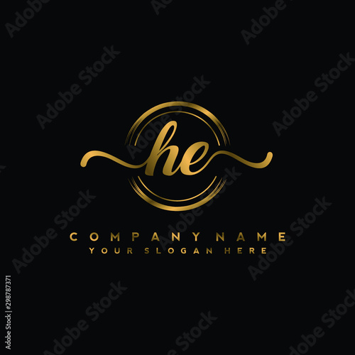 HE Initial handwriting logo design with golden brush circle. Logo for fashion,photography, wedding, beauty, business