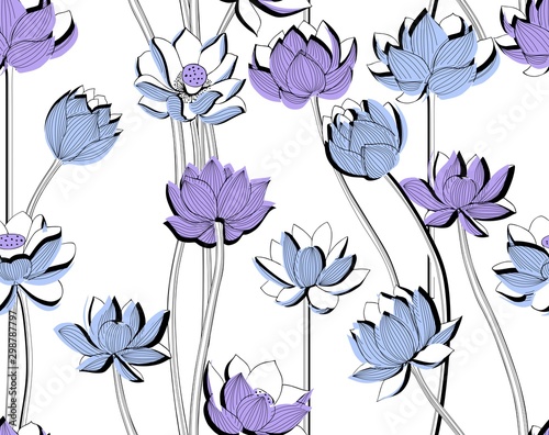 Abstract blue lotuses, white background. Seamless vector pattern for fabric design.