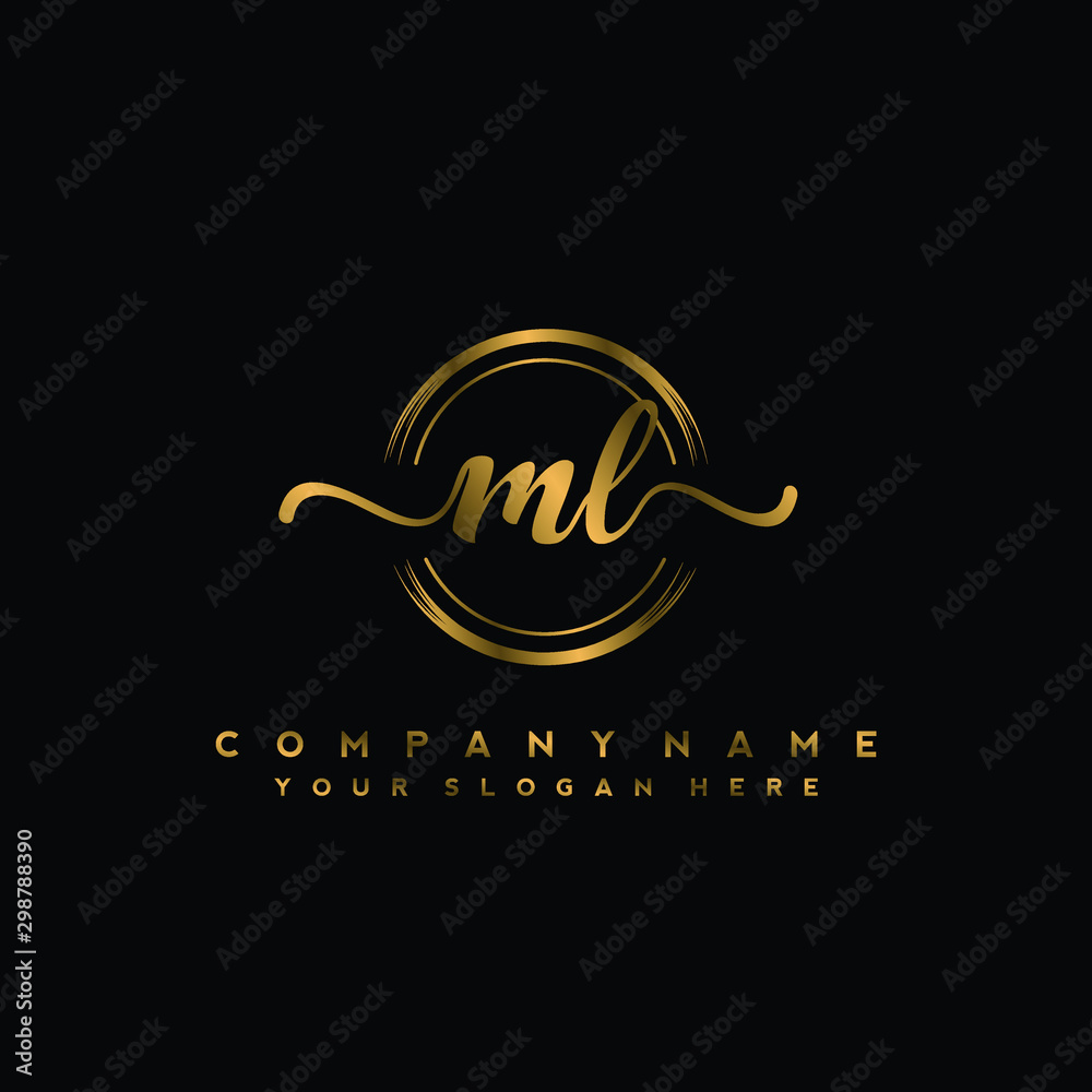 Fototapeta premium ML Initial handwriting logo design with golden brush circle. Logo for fashion,photography, wedding, beauty, business