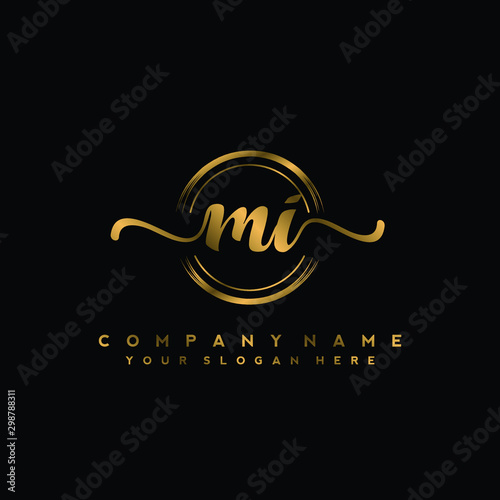 MI Initial handwriting logo design with golden brush circle. Logo for fashion,photography, wedding, beauty, business