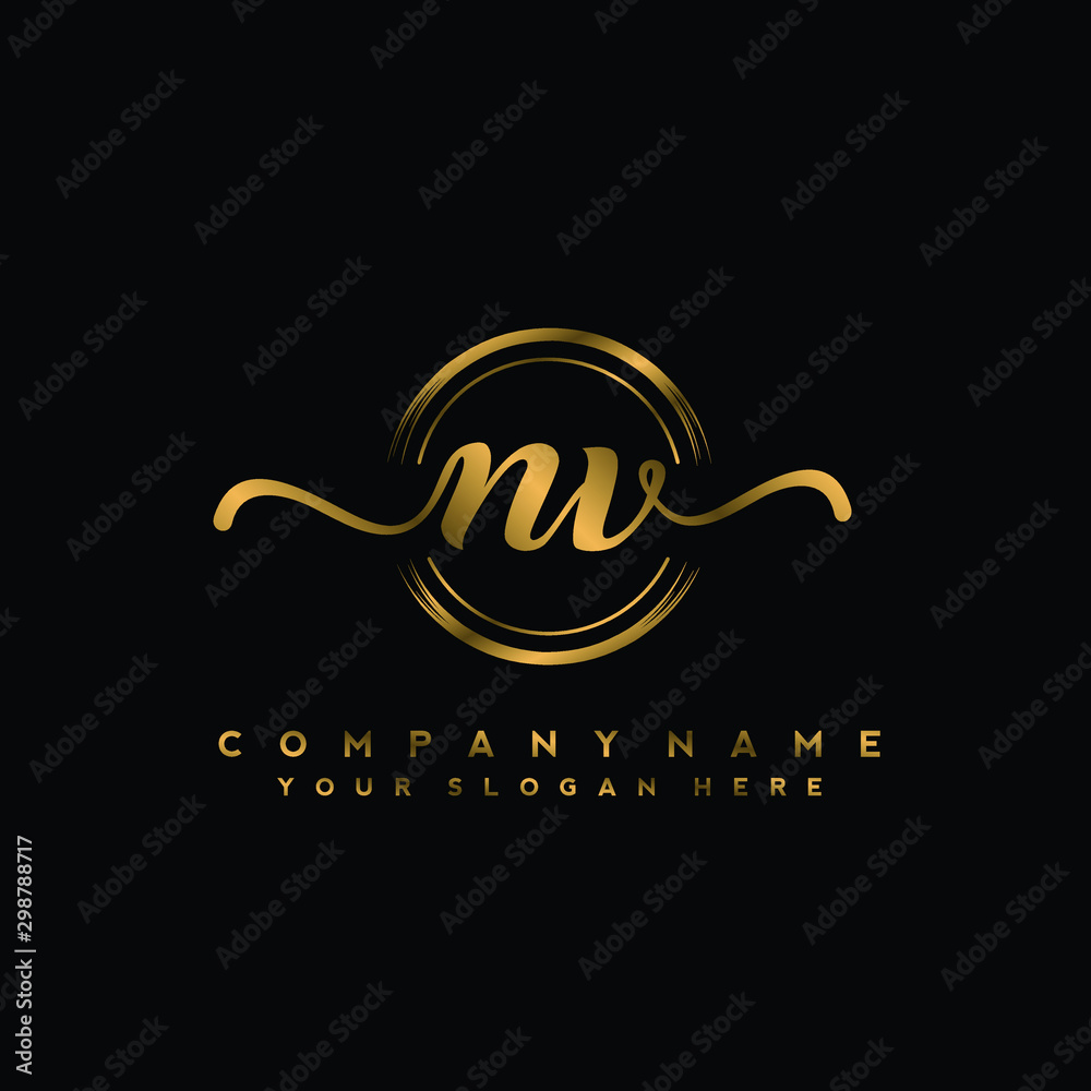 Fototapeta premium NV Initial handwriting logo design with golden brush circle. Logo for fashion,photography, wedding, beauty, business