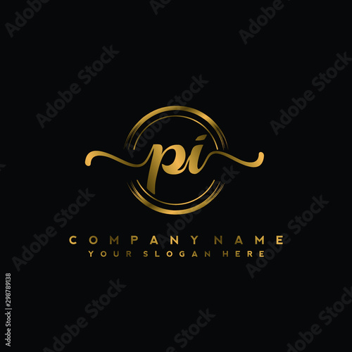 PI Initial handwriting logo design with golden brush circle. Logo for fashion,photography, wedding, beauty, business