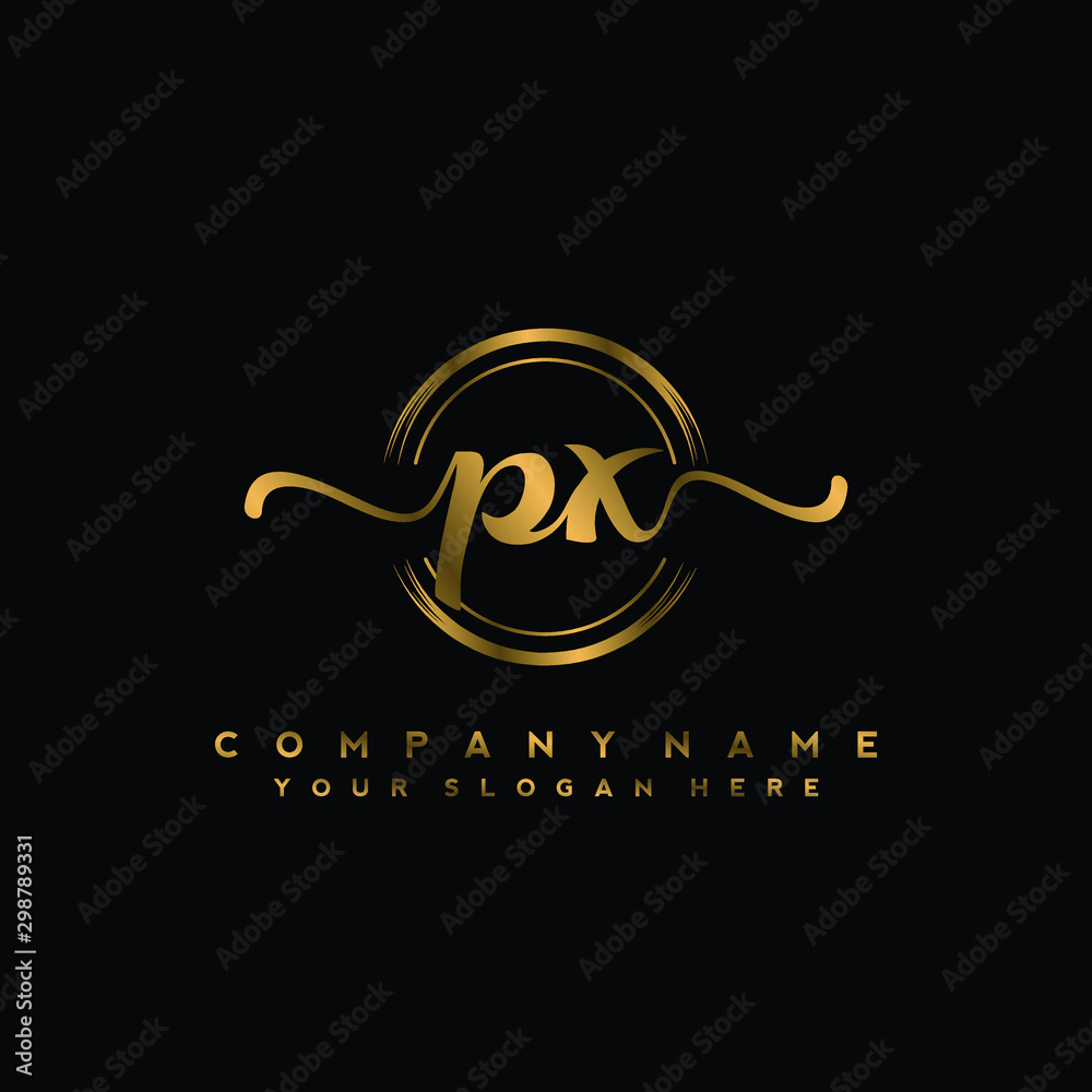 Obraz premium PX Initial handwriting logo design with golden brush circle. Logo for fashion,photography, wedding, beauty, business