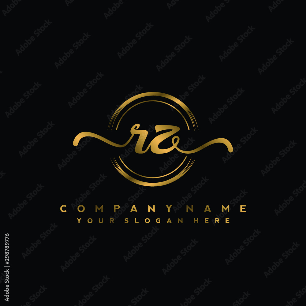 RZ Initial handwriting logo design with golden brush circle. Logo for fashion,photography, wedding, beauty, business