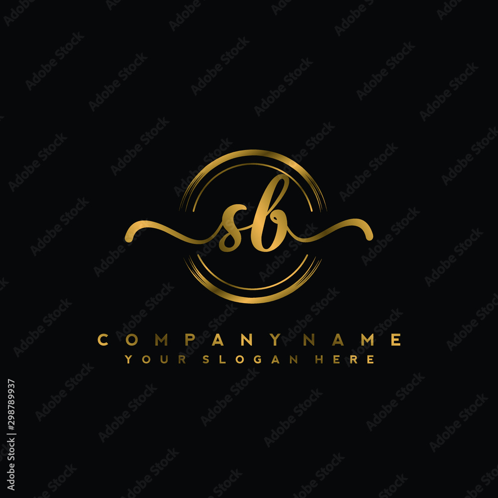 SB Initial handwriting logo design with golden brush circle. Logo for fashion,photography, wedding, beauty, business - obrazy, fototapety, plakaty 