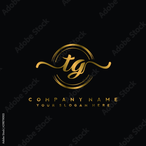 TG Initial handwriting logo design with golden brush circle. Logo for fashion,photography, wedding, beauty, business