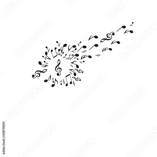 Dandelion silhouette made from musical notes, with some notes flying away towards on whrite backround