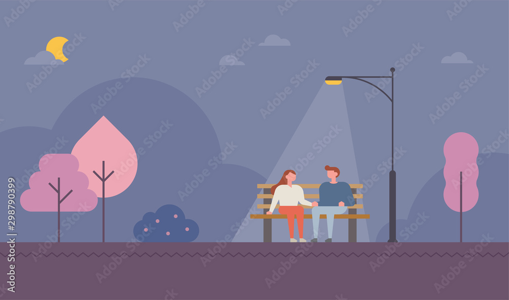 Romantic couple sitting on a park bench late at night. Romantic couple sitting on a park bench late at night.
