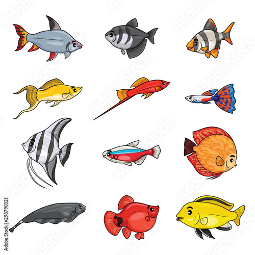Illustration cartoon of cute freshwater aquarium fishes.