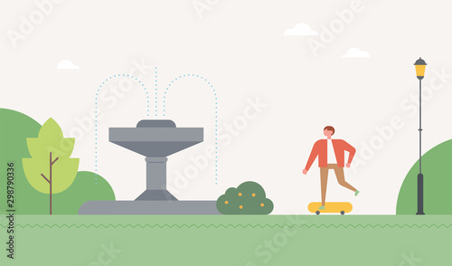Skateboarder in park with fountain.