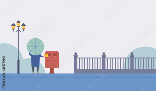 Man holding an umbrella and putting a letter in the mailbox on a rainy day.