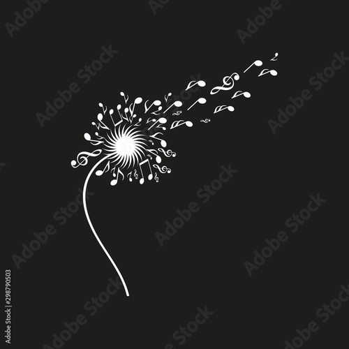 Dandelion silhouette made from musical notes, with some notes flying away towards on black backround