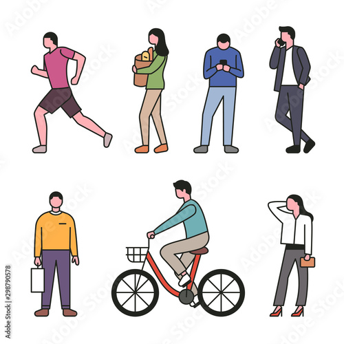 Set of people characters in different styles of streets. Simple character design of the outline style.