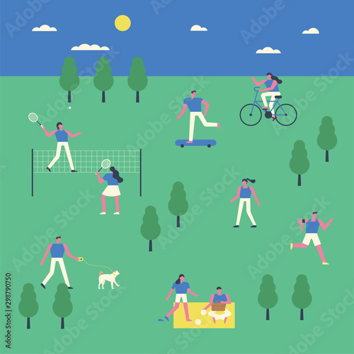 People enjoying leisure in the park. Simple background and small people characters.