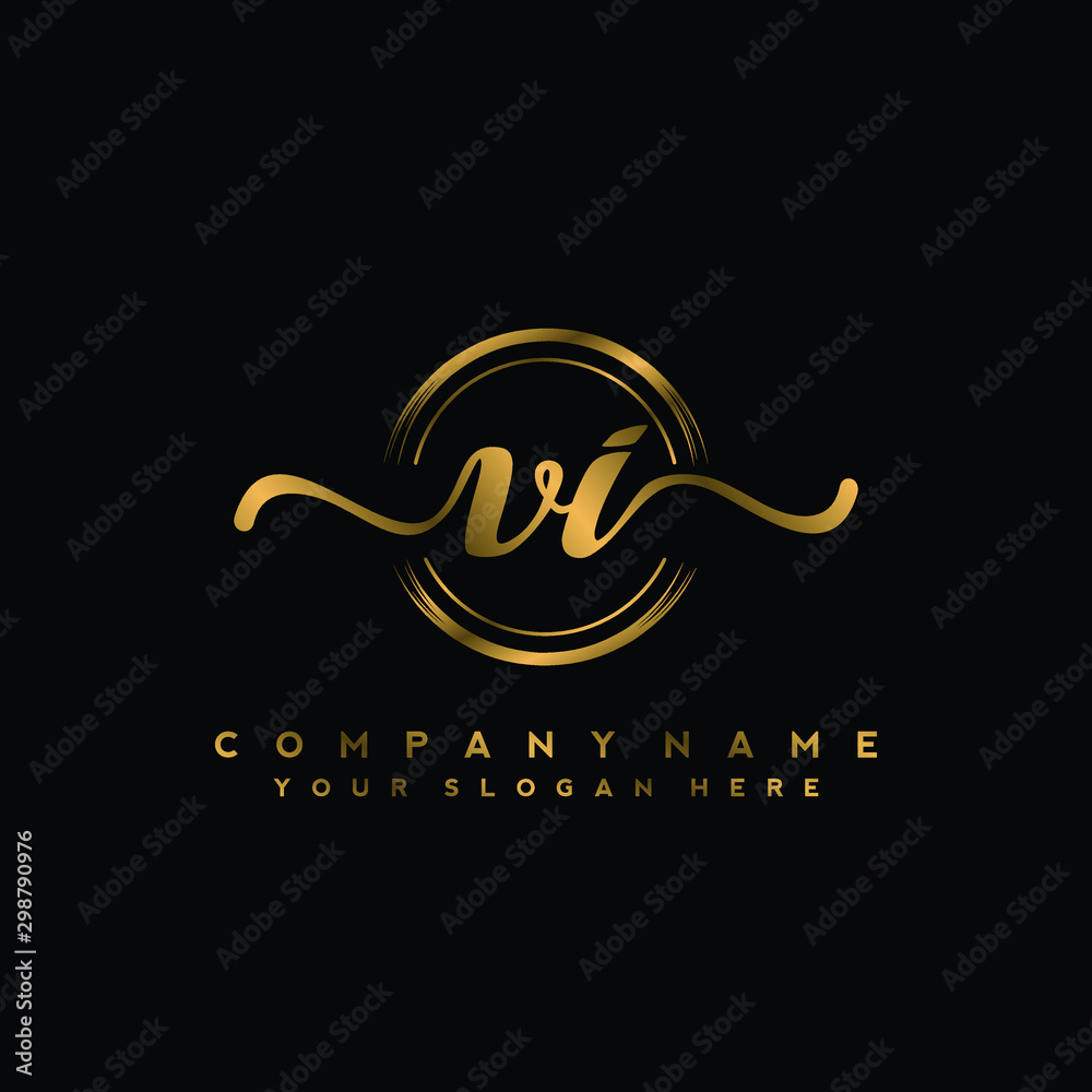 Fototapeta premium VI Initial handwriting logo design with golden brush circle. Logo for fashion,photography, wedding, beauty, business