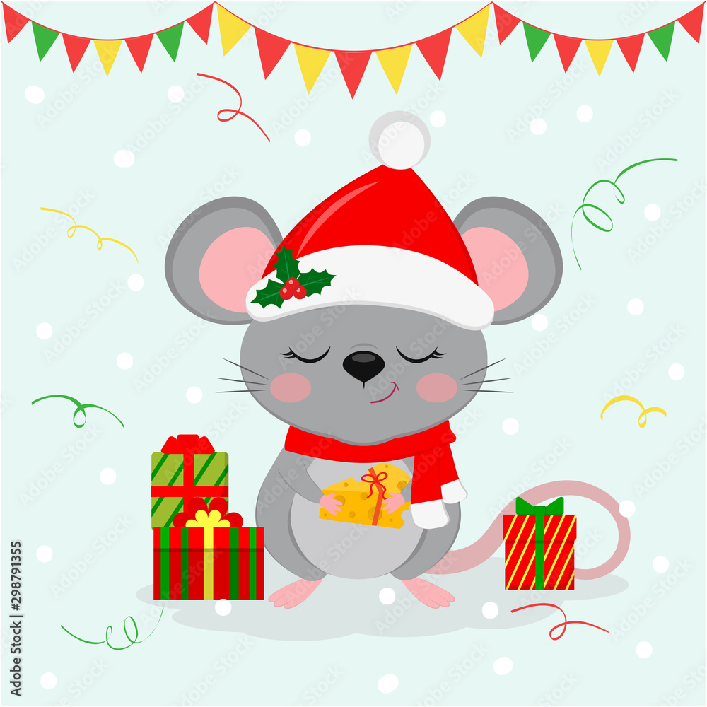 Happy New Year and Merry Christmas. Cute mouse, rat with eyes closed in a Santa hat and scarf, holds a piece of cheese with a ribbon . Year of the Rat 2020. Cartoon, flat style, vector Happy New Year and Merry Christmas. Cute mouse, rat with eyes closed in a Santa hat and scarf, holds a piece of cheese with a ribbon . Year of the Rat 2020. Cartoon, flat style, vector