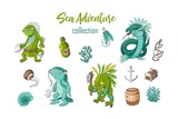 Sea adventure cartoon characters and objects collection vector icons set