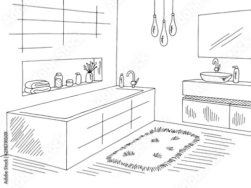 Bathroom graphic home interior black white sketch illustration vector