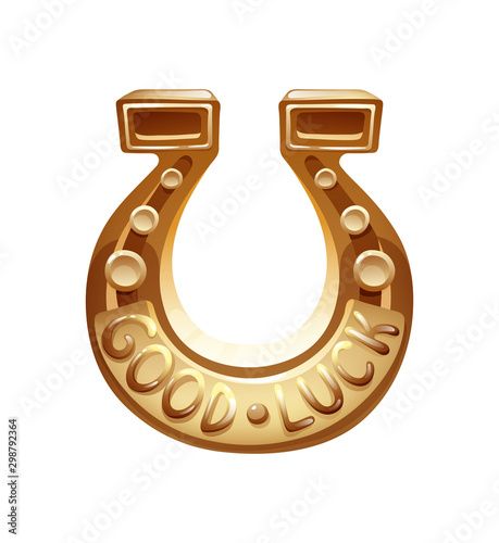 Beautiful golden horseshoe is a symbol of great luck and luck. Happy St. Patrick's Day. An accessory of traditional superstition in the world. Vector illustration isolated.