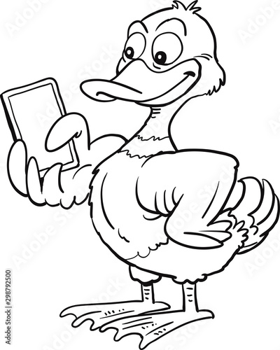 Duck makes selfie on a mobile phone.