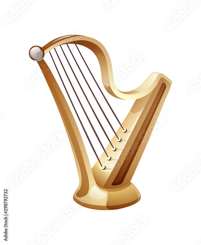 Beautiful golden harp with five strings. Classic musical string instrument.