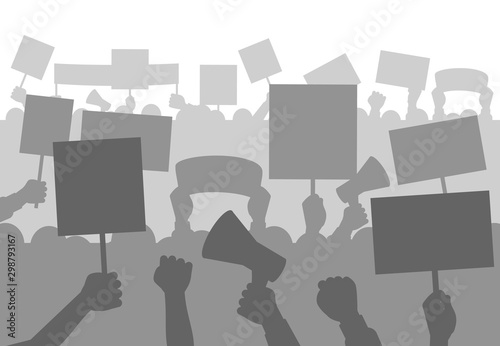 Protesters people crowd. Silhouette protest activists with banners and megaphones, worker strike political revolution conflict, vector concept