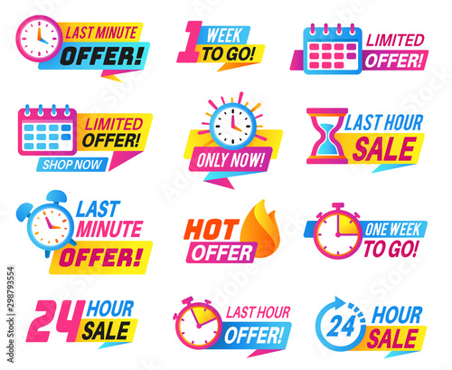 Sale countdown badges. Big deal, limited sale announcement. Promo stickers last day, hour and minute timer. Best offer labels vector set