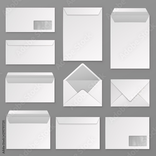 Envelopes. Blank corporate closed and open envelope for a4 letter sheet. Paper postal packages, mail vector isolated mockups