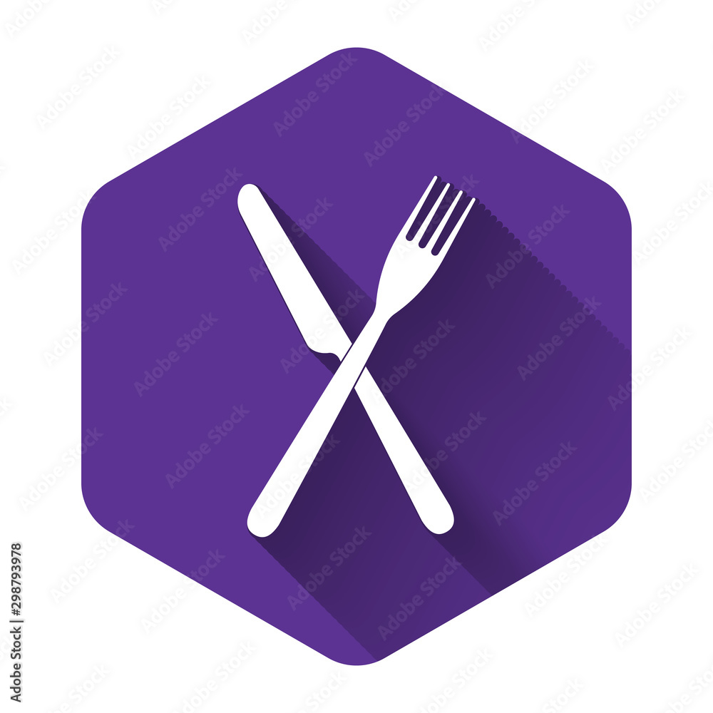 White Crossed fork and knife icon isolated with long shadow. Restaurant icon. Purple hexagon button. Vector Illustration White Crossed fork and knife icon isolated with long shadow. Restaurant icon. Purple hexagon button. Vector Illustration