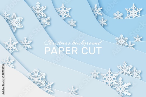 Paper snowflakes background. Christmas card with snowflakes, new year holidays greeting card 3d origami party poster, vector concept