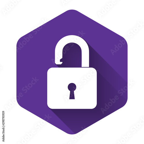 White Open padlock icon isolated with long shadow. Opened lock sign. Cyber security concept. Digital data protection. Safety safety. Purple hexagon button. Vector Illustration