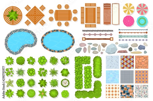 Top view park items. Public furniture outdoor relaxing chair, bench and umbrella. Gardens trees and water pool. Aerial vector landscape set